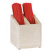 A white Cal-Mil wood container with red straws in it.