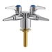 A Chicago Faucets deck-mounted laboratory turret with two 90-degree ball valves and blue index buttons.