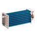 A blue and silver Main Street Equipment evaporator coil with blue and white tubing.