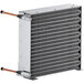 A Main Street Equipment condenser coil with copper pipes and black plastic ends.