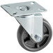 A Main Street Equipment swivel plate caster with a metal wheel and black rubber tire on a metal plate.
