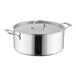A close-up of a silver Vigor Tri-Ply stainless steel brazier with a lid.