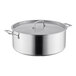 A close-up of a Vigor SS3 Series stainless steel brazier with a lid.