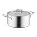 A silver Vigor Tri-Ply stainless steel stock pot with a lid.
