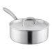 A Vigor stainless steel saucepan with a lid and grey handle.