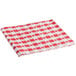 A red and white checkered Hoffmaster table cover on a table.