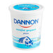 A white Dannon container with a blue label and white text.