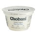 A white Chobani container of non-fat plain Greek yogurt with black text.