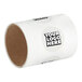 A roll of white paper with customizable round vinyl labels with a logo on it.