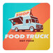 A white customizable rounded corner vinyl sticker with a colorful food truck and the words "Shop Hot Food" on it.