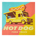 A yellow food truck with a hot dog sticker on the side.