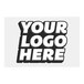 A white rectangular vinyl sticker with a black and white logo that says "your logo here"
