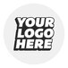 A roll of 50 white round vinyl stickers with customizable black and white logos.