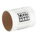 A roll of white paper with customizable square vinyl labels with a logo on them.
