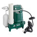 A green and white Zoeller drain pump with black wires and a white tube.