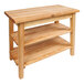 A John Boos natural maple wood work table with 2 undershelves.