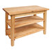 A John Boos natural maple wood work table with 2 shelves.