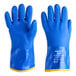 A pair of blue Ansell AlphaTec PVC gloves with yellow trim.