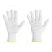 A pair of white Ansell HyFlex gloves with yellow trim.