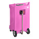 A pink rectangular HDPE container with wheels and a hose.