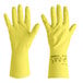 A yellow rubber glove with a fish scale grip and cotton flock lining.