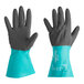 A pair of Ansell gloves with blue and gray sleeves.