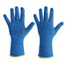 A pair of blue Ansell HyFlex kitchen gloves with yellow trim.