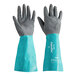 A pair of green and gray Ansell gloves with blue rubber sleeves.