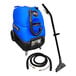 A blue and black U.S. Products Neptune 500H carpet extractor with hoses.