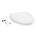 A white Bemis elongated toilet seat with lid and screws.