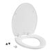 A white Bemis elongated toilet seat with the lid up.