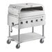 A stainless steel Backyard Pro grill with two burners and wheels.