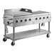 A stainless steel Backyard Pro outdoor grill with a griddle over two burners on a cart.