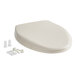 A white Bemis Affinity elongated toilet seat with a white cover and accessories.