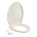 A Bemis bone colored elongated plastic toilet seat with a seat up.