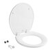 A white Bemis round toilet seat with lid and screws.