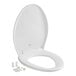 A white Bemis elongated toilet seat with a white cover.