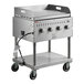 A Backyard Pro stainless steel liquid propane grill with three burners on a cart with wheels and knobs.
