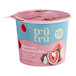 A blue and pink TruFru container with a pink lid filled with frozen white and milk chocolate covered raspberries.
