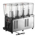 A quadruple 5-gallon bowl refrigerated beverage dispenser with a stainless steel base and clear plastic containers.