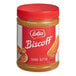A jar of Lotus Biscoff creamy cookie butter on a table.