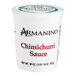 A white Armanino container of Chimichurri sauce.