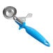 A blue and silver Choice 16 thumb press ice cream scoop with a handle.