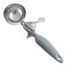 A gray and silver metal and plastic ergonomic thumb press ice cream scoop.