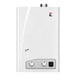 A white rectangular Eccotemp natural gas indoor tankless water heater with buttons and a digital display.
