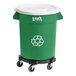 A green Lavex commercial recycling can with white lid and dolly.