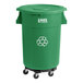 A green Lavex recycling can with wheels and a lid.