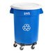 A blue Lavex recycling can with a white lid and dolly.