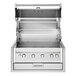 A stainless steel Crown Verity built-in grill with knobs and a grill lid.