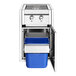 A stainless steel Crown Verity built-in barbecue with dual side burners and a blue trash holder.